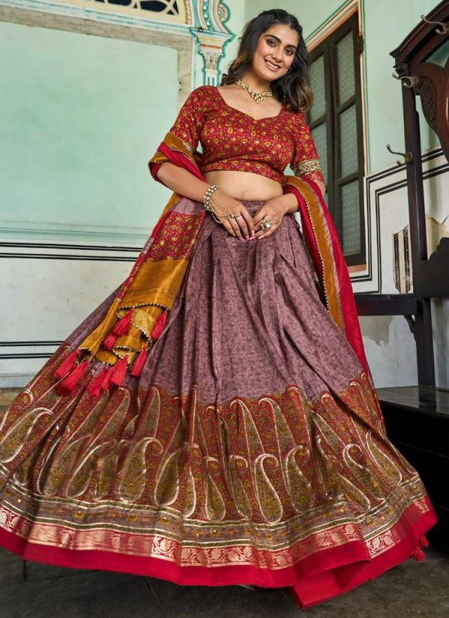 Tussar Silk Onion Pink Festival Wear Printed Ready To Wear Lehenga Choli